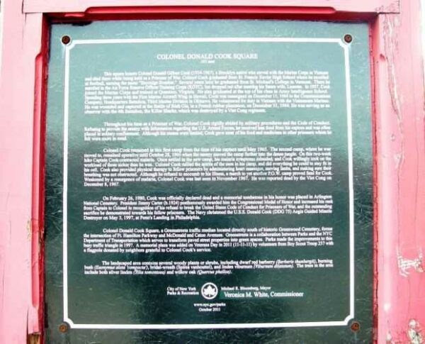 COLONEL DONALD COOK SQUARE MEMORIAL MARKER CLOSE-UP