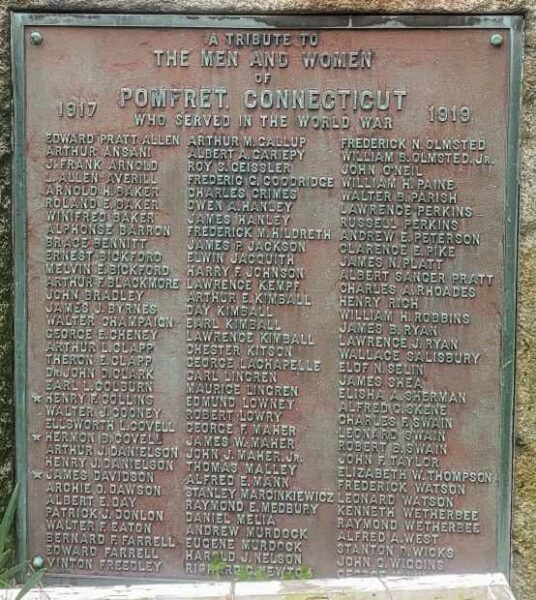 POMFRET, CONNECTICUT WORLD WAR MEMORIAL PLAQUE