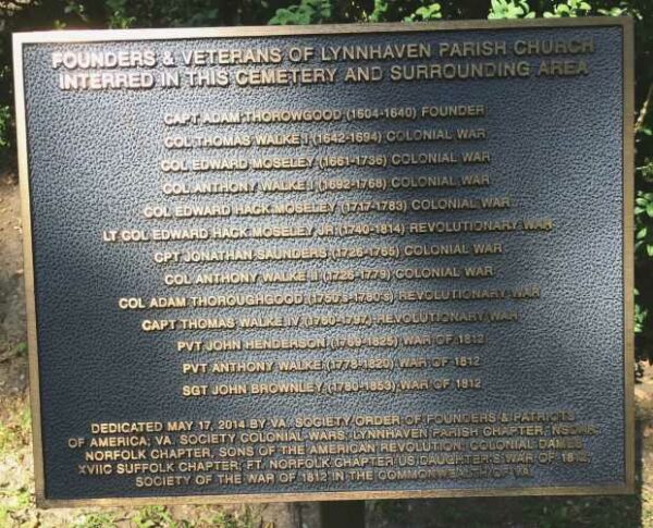 FOUNDERS AND VETERANS OF LYNNHAVEN PARISH CHURCH MEMORIAL PLAQUE