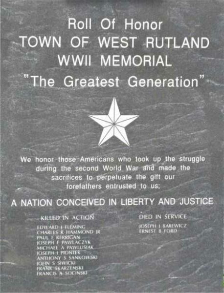 TOWN OF WEST RUTLAND WWII MEMORIAL DEDICATION STONE