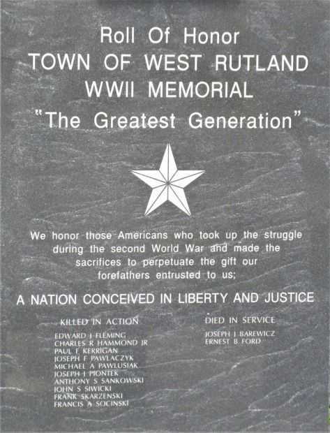 TOWN OF WEST RUTLAND WWII MEMORIAL DEDICATION STONE