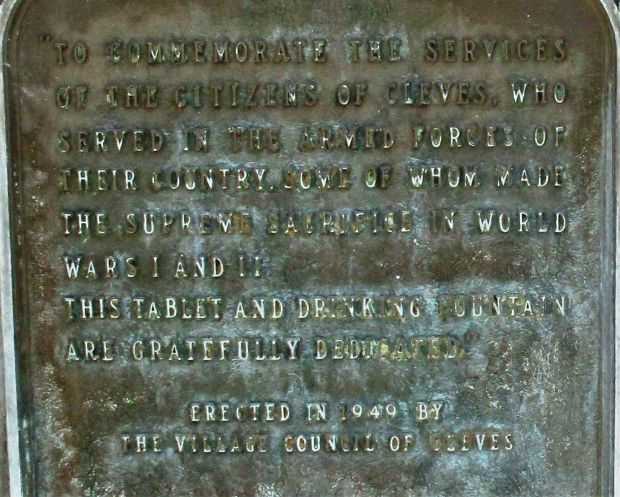 CLEVES ARMED FORCES WAR MEMORIAL PLAQUE