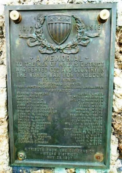 MYERS DISTRICT WORLD WAR MEMORIAL PLAQUE