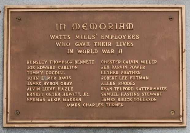 WATTS MILLS’ WORLD WAR II EMPLOYEES MEMORIAL PLAQUE A