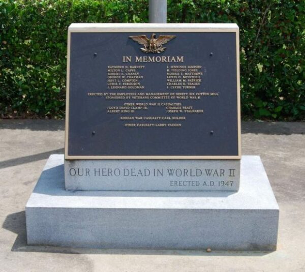 NINETY SIX COTTON MILL WORLD WAR II MEMORIAL FLAGPOLE PLAQUE