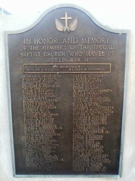 THE SECOND BAPTIST CHURCH WORLD WAR II MEMORIAL PLAQUE