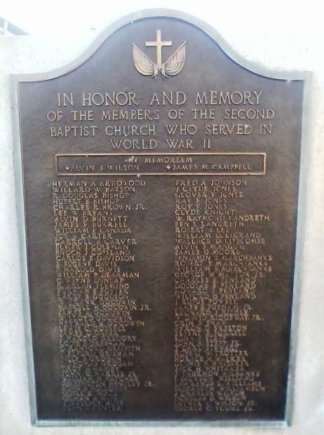 THE SECOND BAPTIST CHURCH WORLD WAR II MEMORIAL PLAQUE