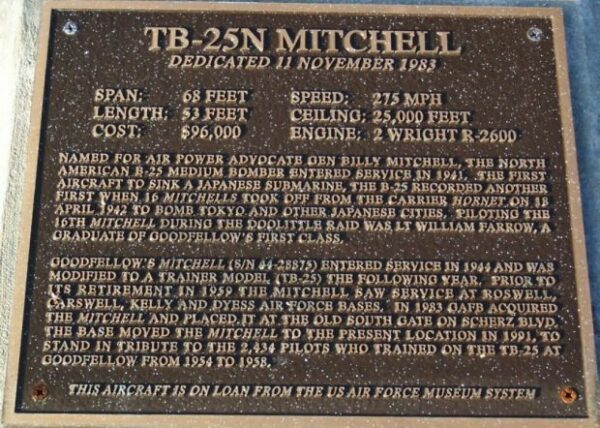 TB-25N MITCHELL WAR MEMORIAL AIRCRAFT PLAQUE