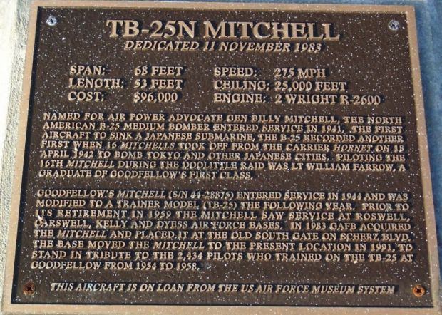 TB-25N MITCHELL WAR MEMORIAL AIRCRAFT PLAQUE