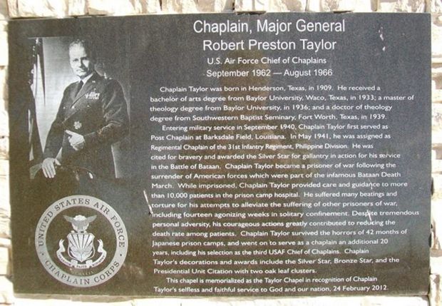 CHAPLAIN, MAJOR GENERAL ROBERT PRESTON TAYLOR MEMORIAL CHAPEL PLAQUE