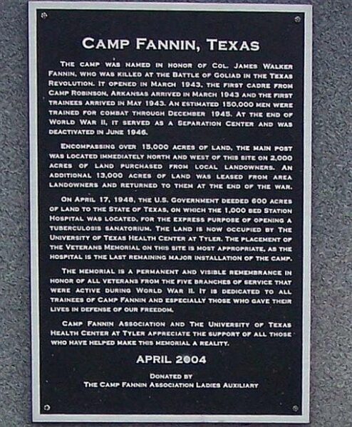 CAMP FANNIN, TEXAS WAR MEMORIAL PLAQUE