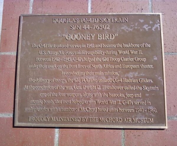 DOUGLAS TC-47D SKYTRAIN MEMORIAL AIRCRAFT PLAQUE