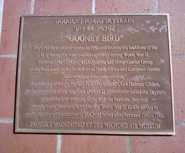 DOUGLAS TC-47D SKYTRAIN MEMORIAL AIRCRAFT PLAQUE