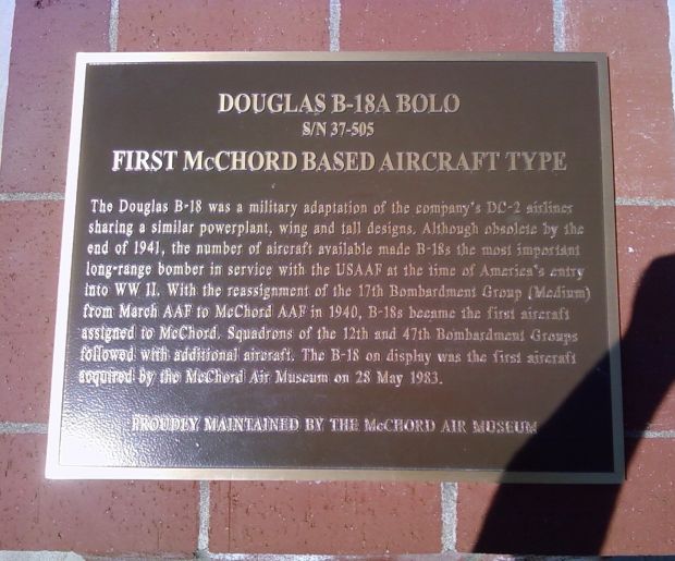 DOUGLAS B-18A BOLO MEMORIAL AIRCRAFT PLAQUE