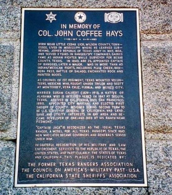 COL. JOHN COFFEE HAYS WAR MEMORIAL PLAQUE