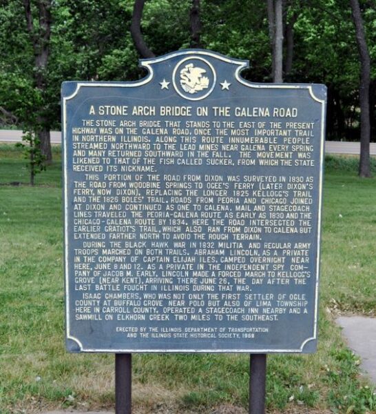 A STONE ARCH BRIDGE ON THE GALENA ROAD MEMORIAL MARKER