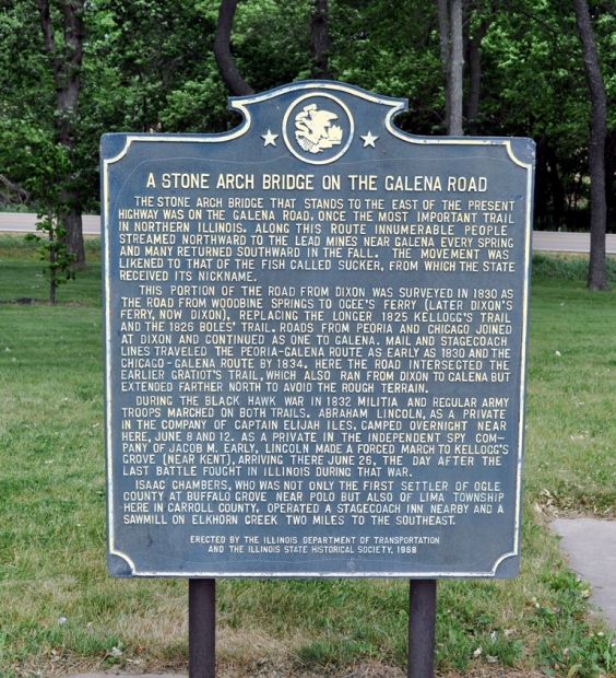 A STONE ARCH BRIDGE ON THE GALENA ROAD MEMORIAL MARKER