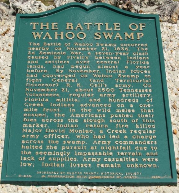THE BATTLE OF WAHOO SWAMP MEMORIAL PLAQUE