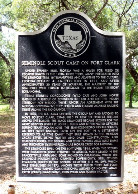 SEMINOLE SCOUT CAMP ON FORT CLARK MEMORIAL MARKER