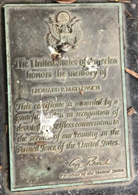 LEONARD P. MATLOVICH WAR MEMORIAL PLAQUE