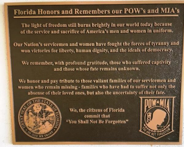 FLORIDA HONORS AND REMEMBERS OUR POW’S AND MIA’S MEMORIAL PLAQUE WESTLY CHAPEL