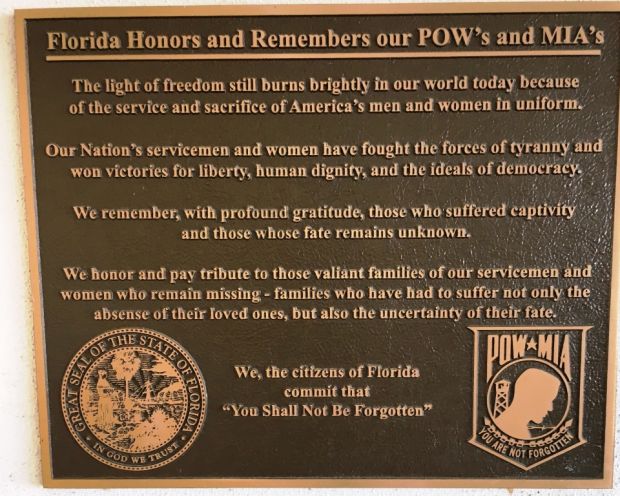 FLORIDA HONORS AND REMEMBERS OUR POW’S AND MIA’S MEMORIAL PLAQUE WESTLY CHAPEL