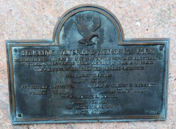STERLING VETERANS MEMORIAL PARK PLAQUE