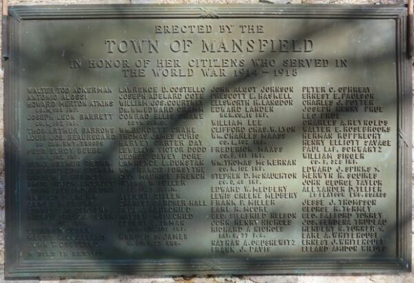 TOWN OF MANSFIELD WORLD WAR MEMORIAL PLAQUE