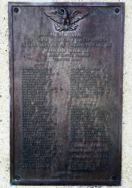 ST. JOHNS COUNTY, FLORIDA WAR MEMORIAL PLAQUE A