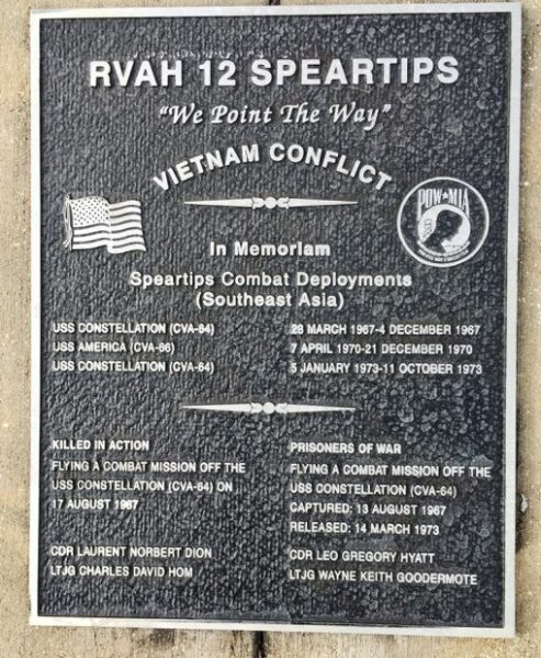 RVAH 12 SPEARTIPS WAR MEMORIAL PLAQUE