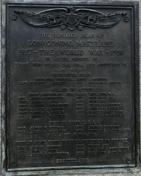 THE WORLD WAR HONORED DEAD OF LONACONING, MARYLAND MEMORIAL  PLAQUE