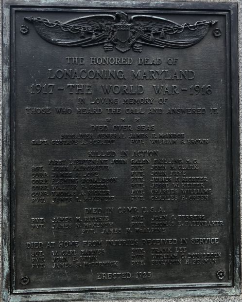 THE WORLD WAR HONORED DEAD OF LONACONING, MARYLAND MEMORIAL  PLAQUE