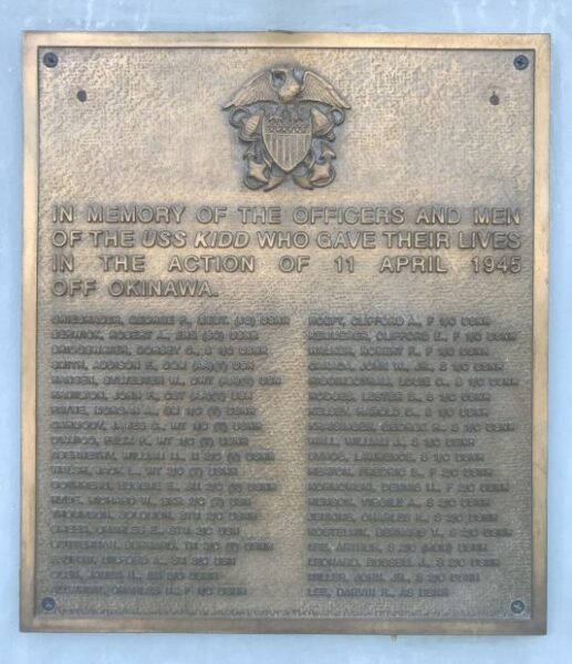 USS KIDD KIA WAR MEMORIAL PLAQUE