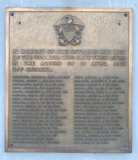 USS KIDD KIA WAR MEMORIAL PLAQUE