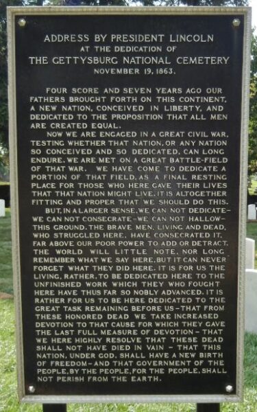 LEXINGTON CEMETERY ADDRESS BY PRESIDENT LINCOLN MEMORIAL PLAQUE