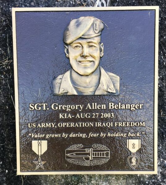SGT. GREGORY ALLEN BELANGER WAR MEMORIAL PLAQUE