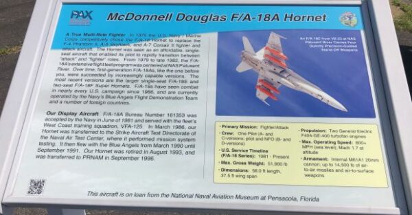 MCDONNELL DOUGLAS F/A-18A HORNET MEMORIAL AIRCRAFT PLAQUE