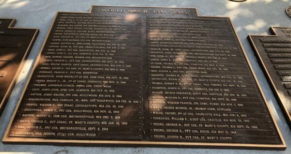 SAINT MARY’S COUNTY WAR VETERANS MEMORIAL PLAQUE A
