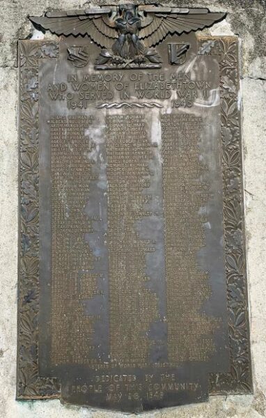 ELIZABETHTOWN WORLD WAR II MEMORIAL PLAQUE