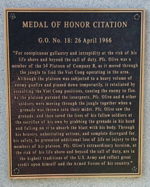 PFC. MILTON LEE OLIVE MEDAL OF HONOR WAR MEMORIAL PLAQUE
