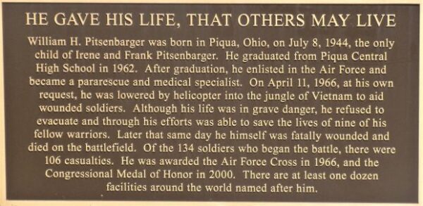 AIRMAN 1ST CLASS WILLIAM H. PITSENBARGER MEDAL OF HONOR WAR MEMORIAL PLAQUE