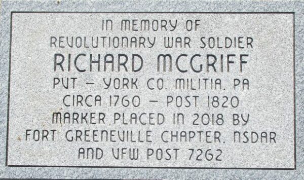 RICHARD MCGRIFF REVOLUTIONARY WAR SOLDIER MEMORIAL TABLET
