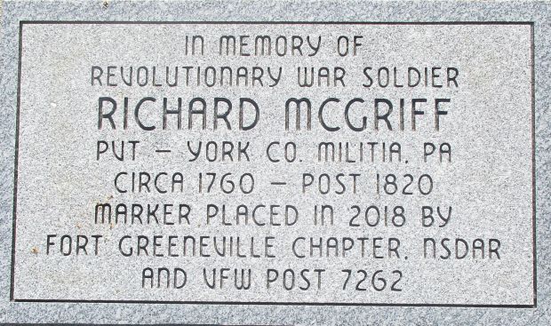 RICHARD MCGRIFF REVOLUTIONARY WAR SOLDIER MEMORIAL TABLET