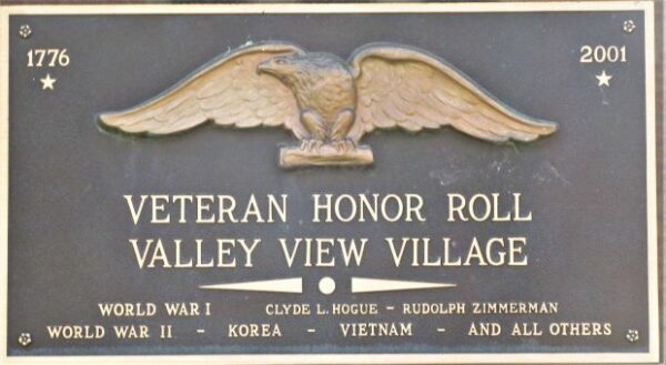 VALLEY VIEW VILLAGE VETERAN HONOR ROLL MEMORIAL FRONT PLAQUE A