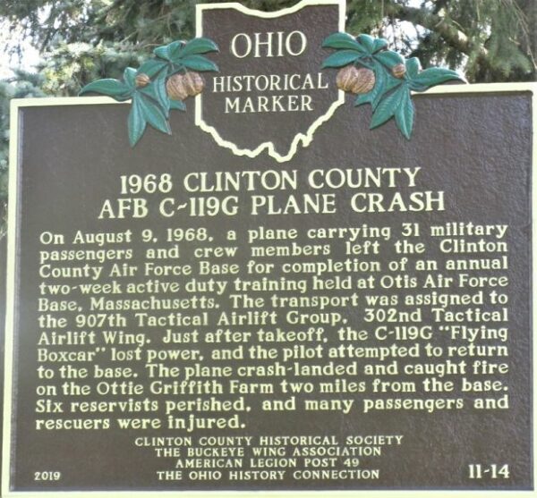 1968 CLINTON COUNTY AFB C-119G PLANE CRASH MEMORIAL MARKER FRONT