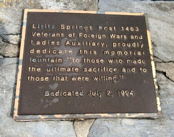 LITITZ SPRING POST 1463 WAR VETERANS MEMORIAL FOUNTAIN PLAQUE