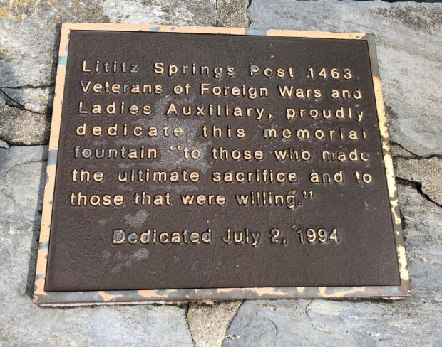 LITITZ SPRING POST 1463 WAR VETERANS MEMORIAL FOUNTAIN PLAQUE