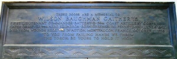 WILSON BAUGHMAN GAITHER ’15 WAR MEMORIAL DOORS PLAQUE