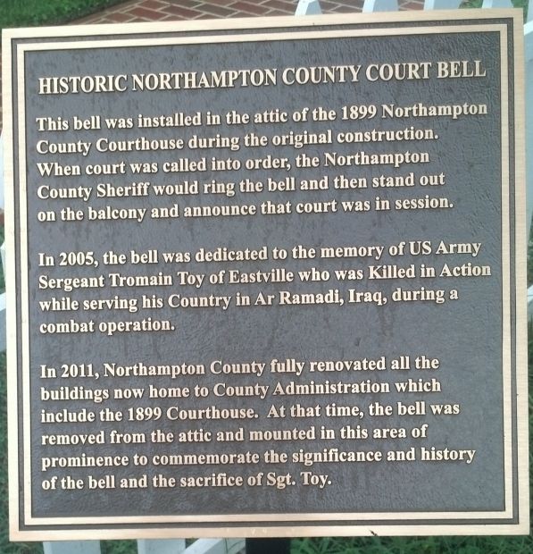 HISTORIC NORTHAMPTON COUNTY COURT BELL MEMORIAL PLAQUE
