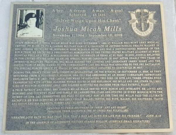 JOSHUA MICAH MILLS WAR MEMORIAL PLAQUE